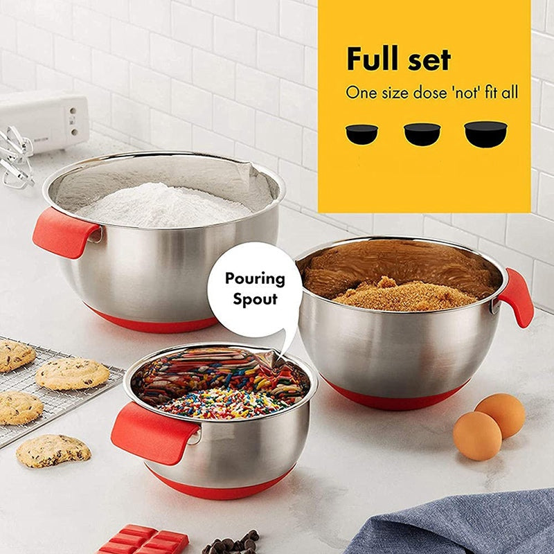 HOT-Mixing Bowls,Stainless Steel Non Slip Mixing Bowls,with Airtight Lids and Grater,Measurement Marks,for Salad Mixer,Etc